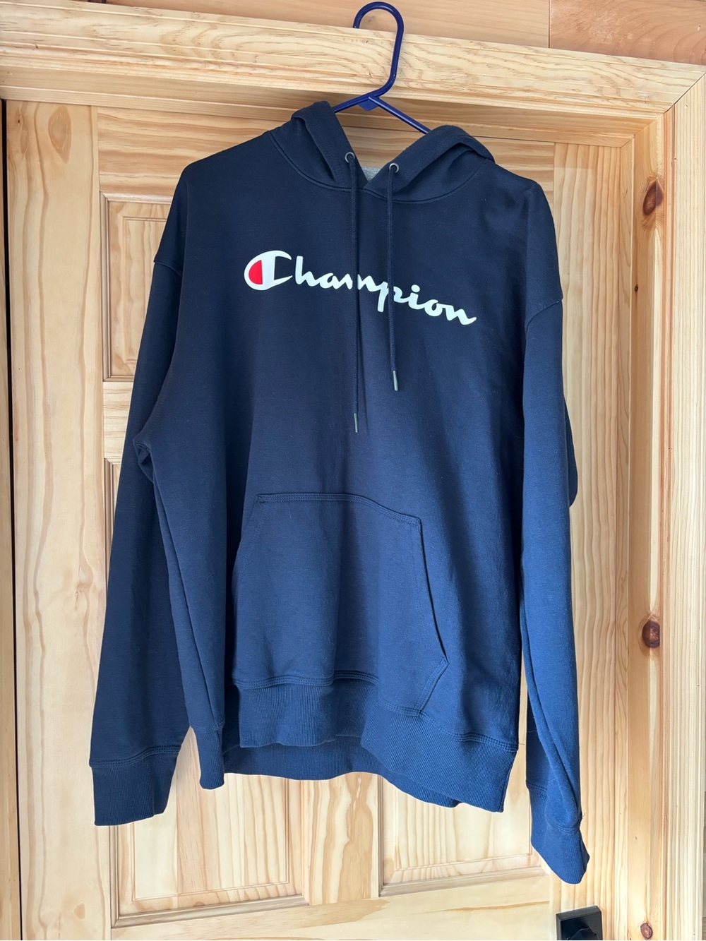 Champion Navy Script Logo Pullover Hoodie
